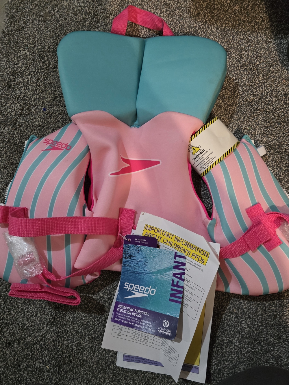 NWT Speedo Aquaprene Infant Life Jacket USCG Approved Pink Teal Stripe